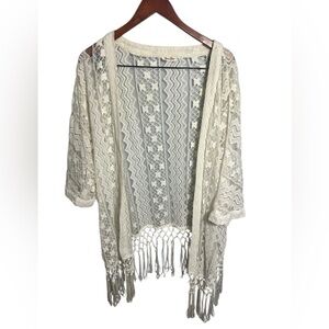 Brittany Black Ivory Lace Cardigan Fringe Crochet Plus 3X